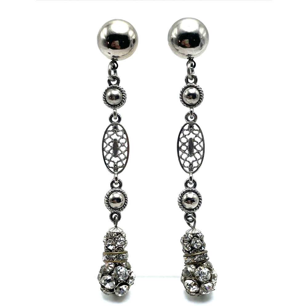 ESTATE VTG Earrings Silver Rhinestone Fireball Filigree Dangle Drop Statement